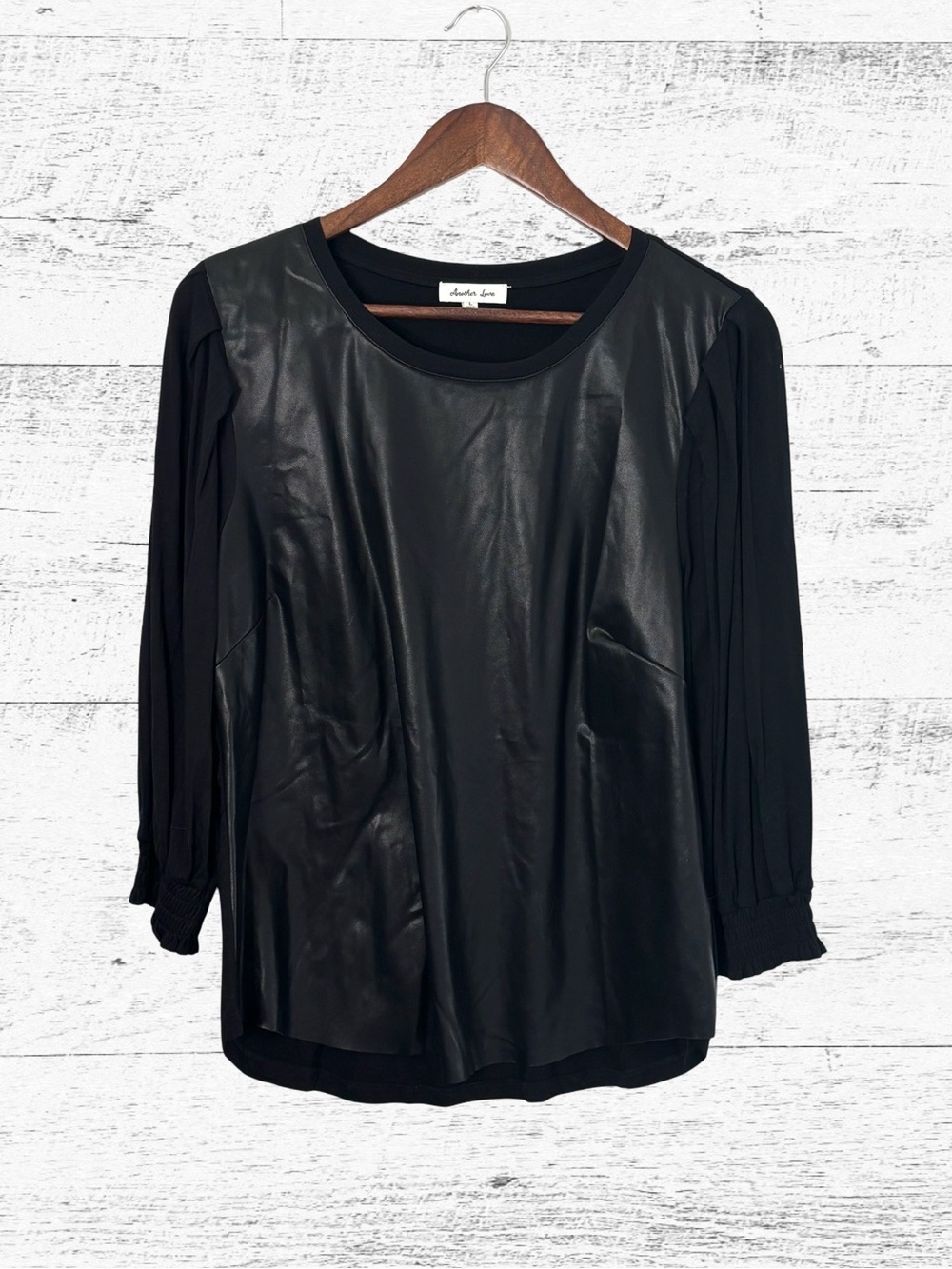 Faux Leather Front Black Long Sleeve Top